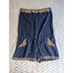 Miss Me Embroidered Romper Drawstring‎ Waist Pockets Blue Boho Size L